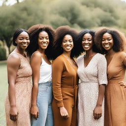 A diverse group of women from different backgrounds and ethnicities, smiling and standing together in a beautiful outdoor setting, showcasing unity and empowerment