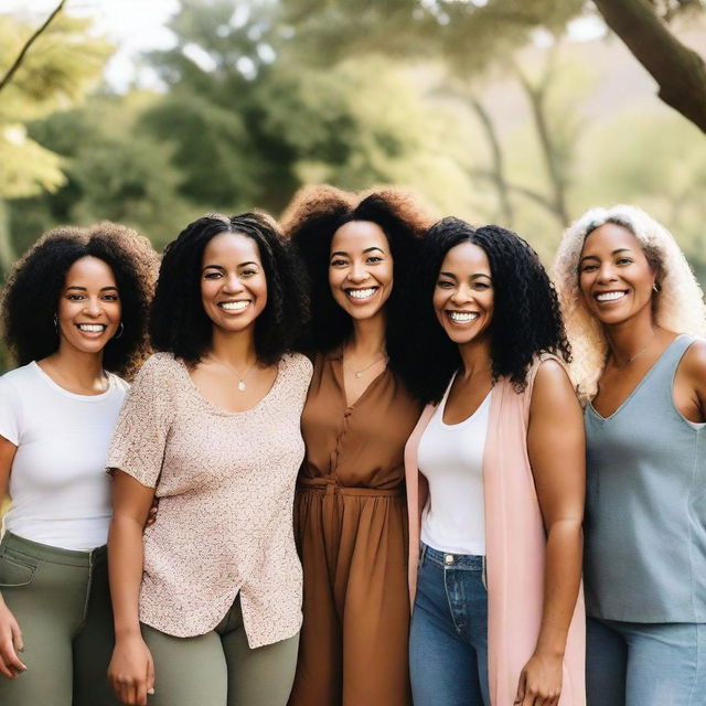 A diverse group of women from different backgrounds and ethnicities, smiling and standing together in a beautiful outdoor setting, showcasing unity and empowerment