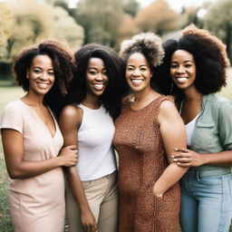 A diverse group of women from different backgrounds and ethnicities, smiling and standing together in a beautiful outdoor setting, showcasing unity and empowerment