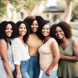 A diverse group of women from different backgrounds and ethnicities, smiling and standing together in a beautiful outdoor setting, showcasing unity and empowerment