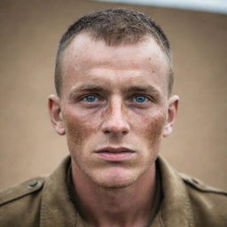 A World War I American private with brown buzzcut hair, fair freckled skin, light blue eyes, and a few minor facial scars radiating the trials of battle.