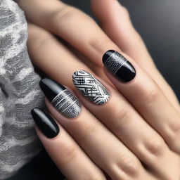 A close-up image of black and white nails, featuring intricate designs and patterns