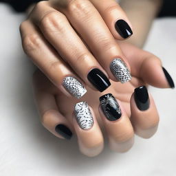 A close-up image of black and white nails, featuring intricate designs and patterns