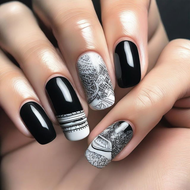 A close-up image of black and white nails, featuring intricate designs and patterns