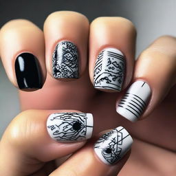 A close-up image of black and white nails, featuring intricate designs and patterns