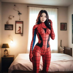 A hot Korean girl dressed in Spiderwoman cosplay, standing in a cozy bedroom