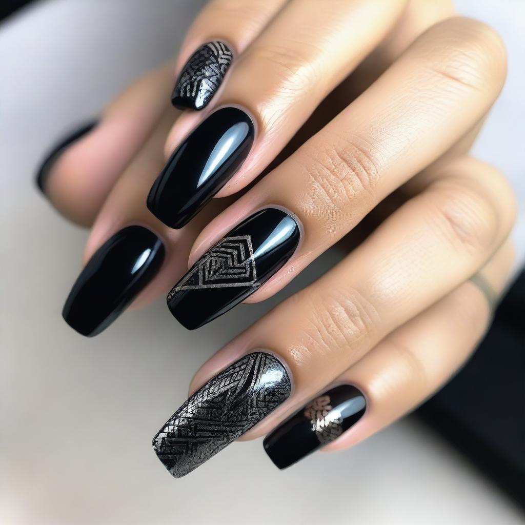 A close-up image of black nail designs, featuring various intricate patterns and styles