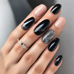 A close-up image of black nail designs, featuring various intricate patterns and styles