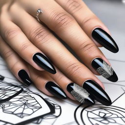 A close-up image of black nail designs, featuring various intricate patterns and styles