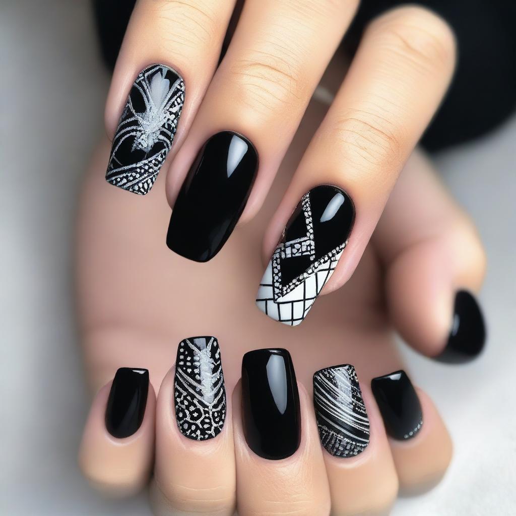 A close-up image of black nail designs, featuring various intricate patterns and styles