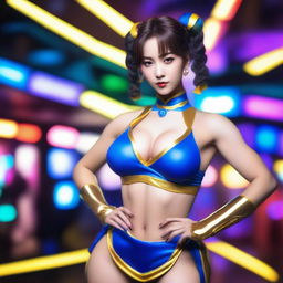 A hot Korean girl dressed in Chun Li cosplay, standing in a vibrant club with colorful lights and a lively atmosphere