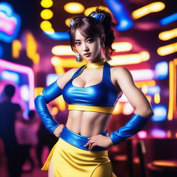 A hot Korean girl dressed in Chun Li cosplay, standing in a vibrant club with colorful lights and a lively atmosphere