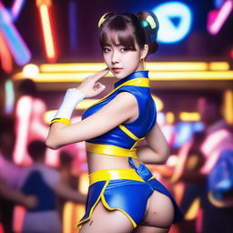 A hot Korean girl dressed in Chun Li cosplay, standing in a vibrant club with colorful lights and a lively atmosphere