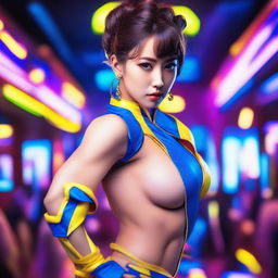 A hot Korean girl dressed in Chun Li cosplay, standing in a vibrant club with colorful lights and a lively atmosphere