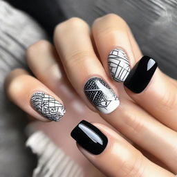 A close-up image of black and white nail designs, featuring various intricate patterns and styles