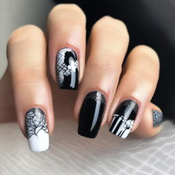 A close-up image of black and white nail designs, featuring various intricate patterns and styles