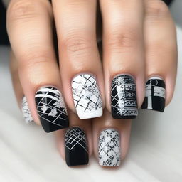 A close-up image of black and white nail designs, featuring various intricate patterns and styles