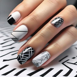 A close-up image of black and white nail designs, featuring various intricate patterns and styles