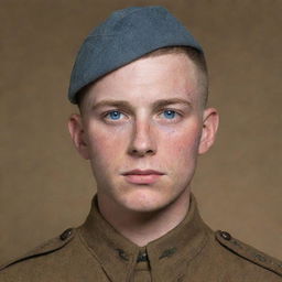 American WW1 Private, brown hair, buzzcut, fair skin, freckles, light blue eyes, a few minor scars, 5'9.full uniform