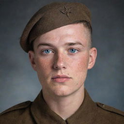 American WW1 Private, brown hair, buzzcut, fair skin, freckles, light blue eyes, a few minor scars, 5'9.full uniform