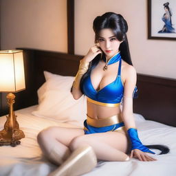 A hot Korean girl with long black hair dressed in Chun Li cosplay, sitting on a bed in a cozy bedroom