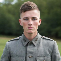 American WW1 Private, brown hair, buzzcut, fair skin, freckles, light blue eyes, a few minor scars, 5'9.full uniform