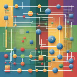 A detailed and colorful illustration of various logic gates such as AND, OR, NOT, NAND, and NOR, seamlessly integrated into a physics-themed background