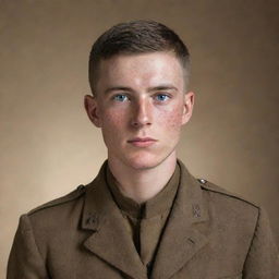 American WW1 Private, brown hair, buzzcut, fair skin, freckles, light blue eyes, a few minor scars, 5'9.full uniform