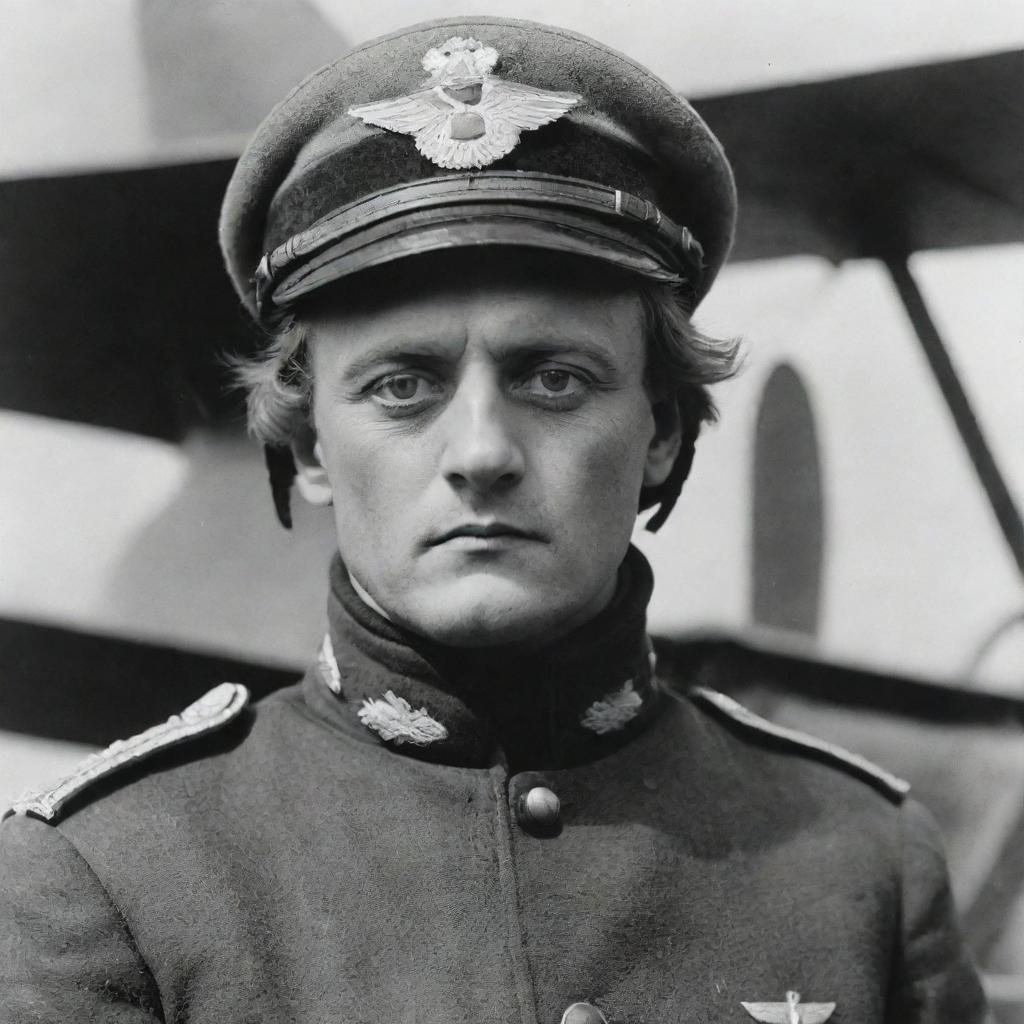 The infamously skilled German ace pilot, the Red Baron, in full uniform, with a determined gaze