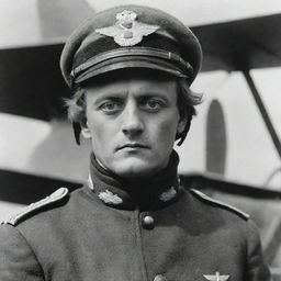 The infamously skilled German ace pilot, the Red Baron, in full uniform, with a determined gaze