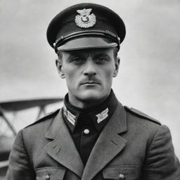 The infamously skilled German ace pilot, the Red Baron, in full uniform, with a determined gaze