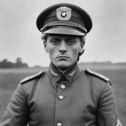 The infamously skilled German ace pilot, the Red Baron, in full uniform, with a determined gaze