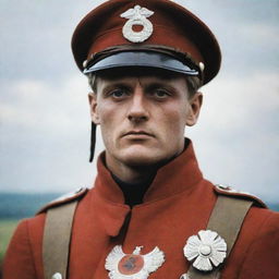 The infamously skilled German ace pilot, the Red Baron, in full uniform, with a determined gaze