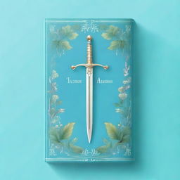 Create a light blue fantasy book cover featuring a prominent sword at the center