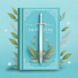 Create a light blue fantasy book cover featuring a prominent sword at the center