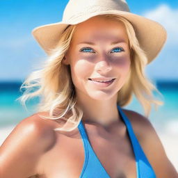 Create an image of a woman with blonde hair and blue eyes, enjoying a sunny day at the beach