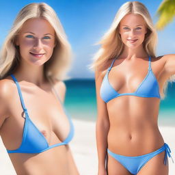 Create an image of a woman with blonde hair and blue eyes, enjoying a sunny day at the beach