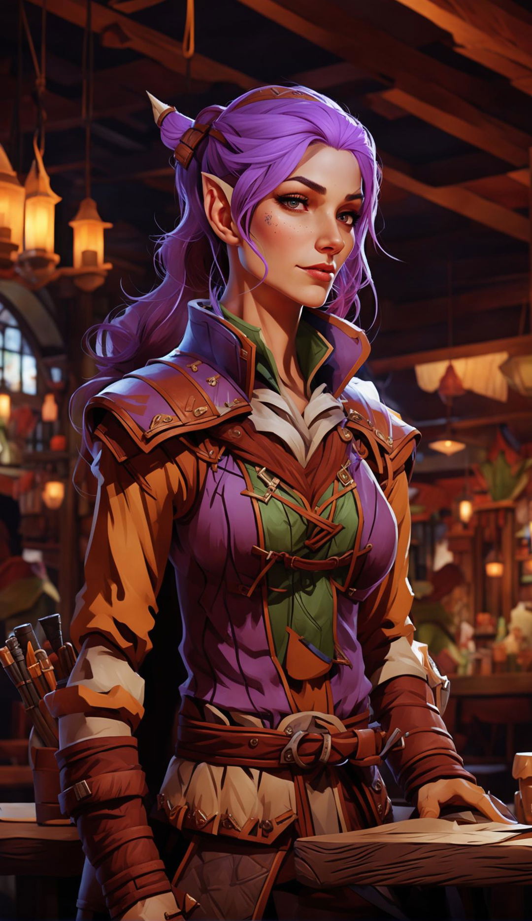 Create an image of a 42-year-old semi-elf ranger with purple hair and pale skin, standing in a tavern with a warm, cozy atmosphere