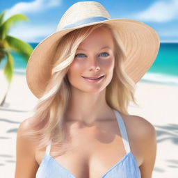 Create a photorealistic image of a woman with blonde hair and blue eyes based on the provided reference photos