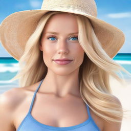 Create a photorealistic image of a woman with blonde hair and blue eyes based on the provided reference photos