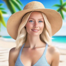 Create a photorealistic image of a woman with blonde hair and blue eyes based on the provided reference photos