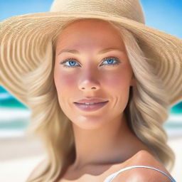 Create a photorealistic image of a woman with blonde hair and blue eyes based on the provided reference photos