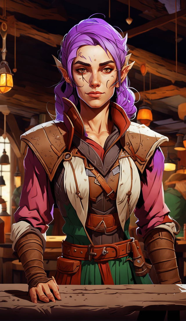 Create an image of a 42-year-old semi-elf ranger with purple hair and pale skin, standing in a rustic tavern