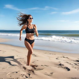 Create an image featuring a woman in a black swimsuit running on the beach