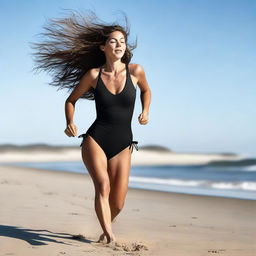 Create an image featuring a woman in a black swimsuit running on the beach