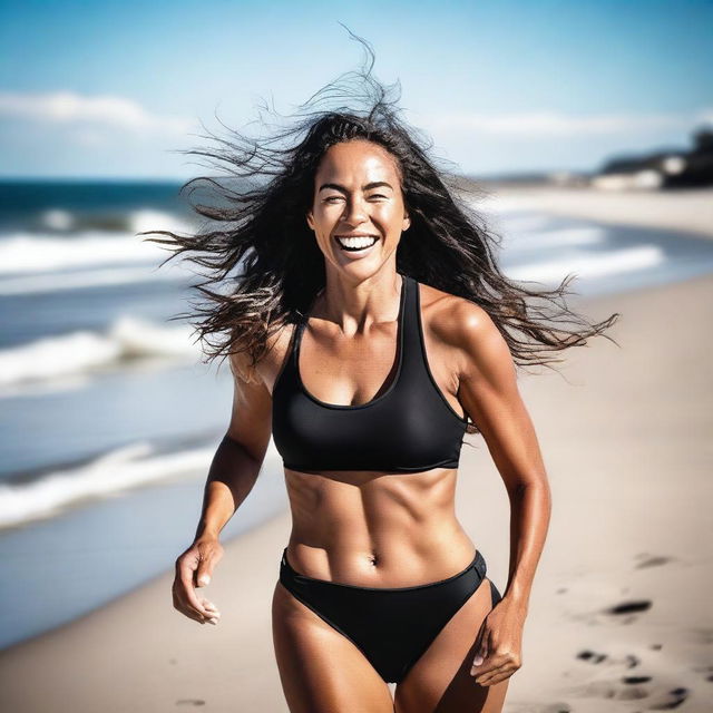 Create an image featuring a woman in a black swimsuit running on the beach