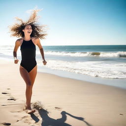 Create an image featuring a woman in a black swimsuit running on the beach