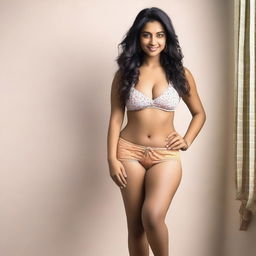 A cute Indian woman with a voluptuous figure is wearing a bikini and booty shorts