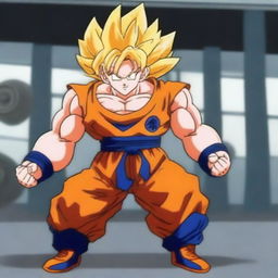 Goku, the iconic character from Dragon Ball Z, is lifting heavy weights in a gym setting