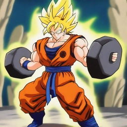 Goku, the iconic character from Dragon Ball Z, is lifting heavy weights in a gym setting